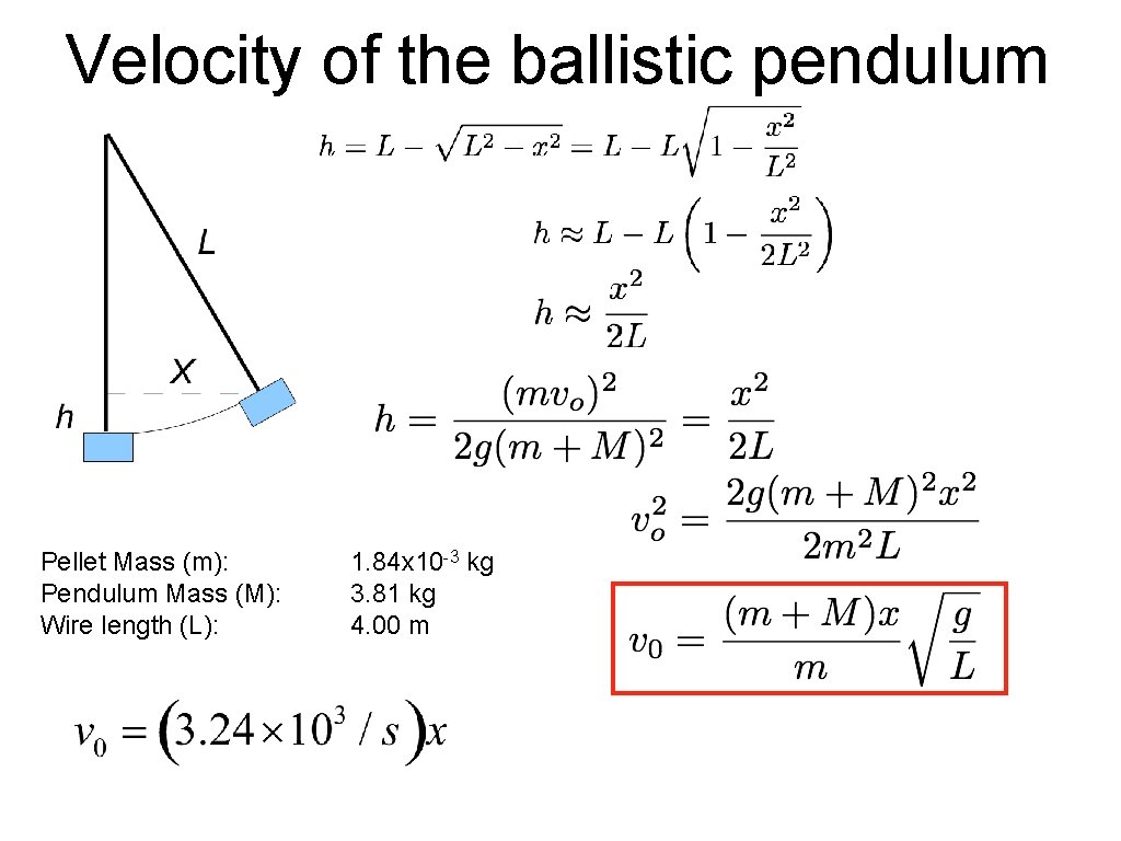 Velocity of the ballistic pendulum Pellet Mass (m): Pendulum Mass (M): Wire length (L):