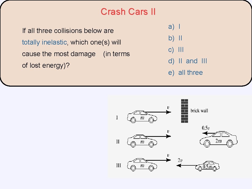 Crash Cars II If all three collisions below are totally inelastic, which one(s) will