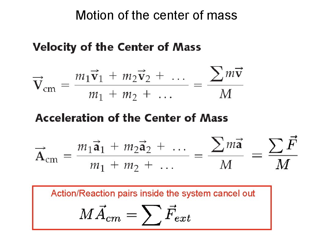 Motion of the center of mass Action/Reaction pairs inside the system cancel out 