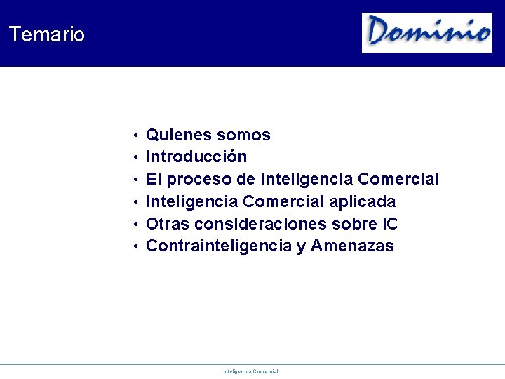 Temario • • • Quienes somos Introducción El proceso de Inteligencia Comercial aplicada Otras