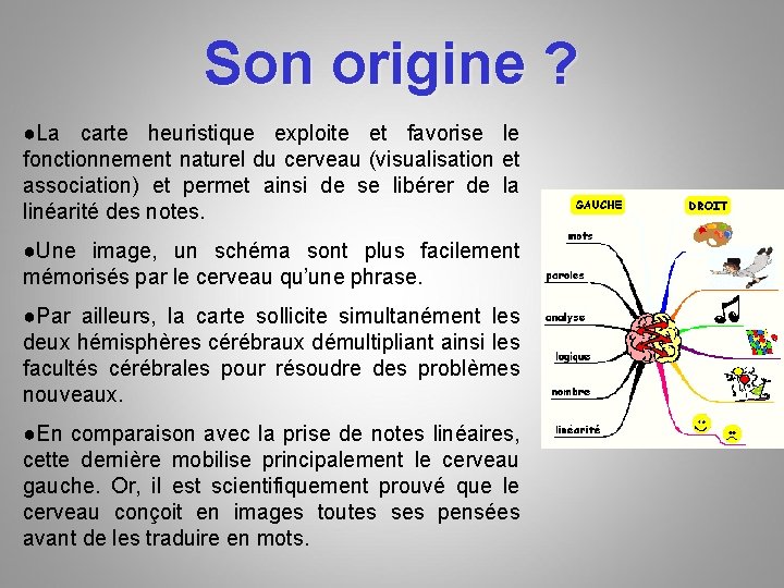 Son origine ? ●La carte heuristique exploite et favorise le fonctionnement naturel du cerveau Son origine ? ●La carte heuristique exploite et favorise le fonctionnement naturel du cerveau