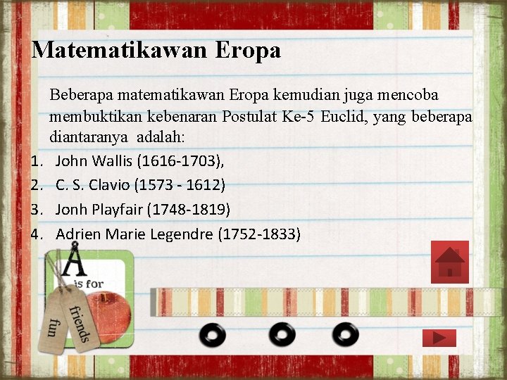 Matematikawan Eropa 1. 2. 3. 4. Beberapa matematikawan Eropa kemudian juga mencoba membuktikan kebenaran Matematikawan Eropa 1. 2. 3. 4. Beberapa matematikawan Eropa kemudian juga mencoba membuktikan kebenaran