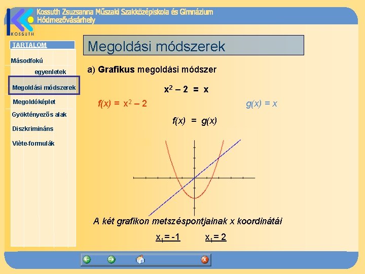 TARTALOM Megoldási módszerek Másodfokú egyenletek a) Grafikus megoldási módszer x 2 – 2 =