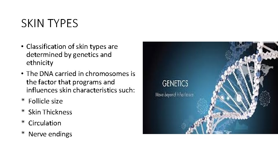 SKIN TYPES • Classification of skin types are determined by genetics and ethnicity •