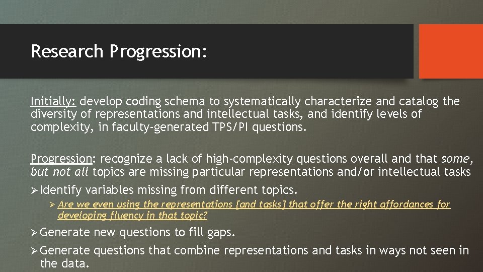 Research Progression: Initially: develop coding schema to systematically characterize and catalog the diversity of