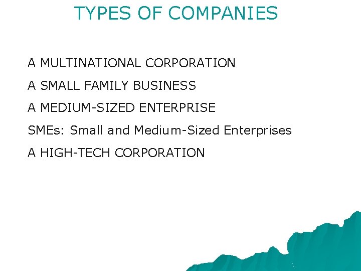 TYPES OF COMPANIES A MULTINATIONAL CORPORATION A SMALL FAMILY BUSINESS A MEDIUM-SIZED ENTERPRISE SMEs: