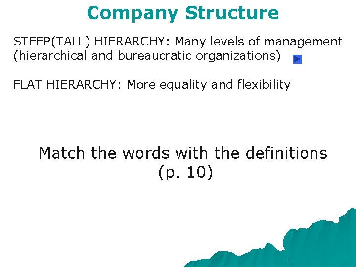 Company Structure STEEP(TALL) HIERARCHY: Many levels of management (hierarchical and bureaucratic organizations) FLAT HIERARCHY: