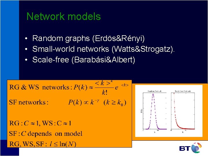 Network models • Random graphs (Erdös&Rényi) • Small-world networks (Watts&Strogatz). • Scale-free (Barabási&Albert) Network models • Random graphs (Erdös&Rényi) • Small-world networks (Watts&Strogatz). • Scale-free (Barabási&Albert)