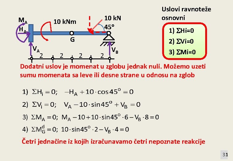 MA HA 10 k. Nm G 10 k. N 45 Uslovi ravnoteže osnovni 1)
