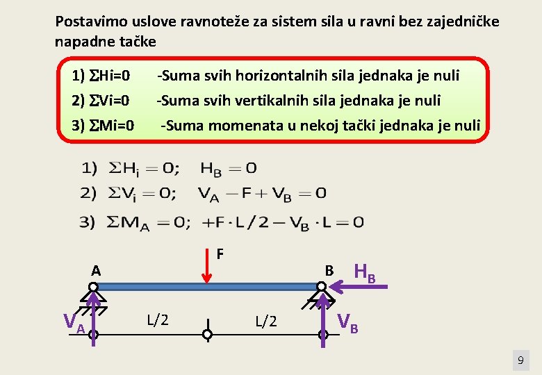 Postavimo uslove ravnoteže za sistem sila u ravni bez zajedničke napadne tačke 1) Hi=0
