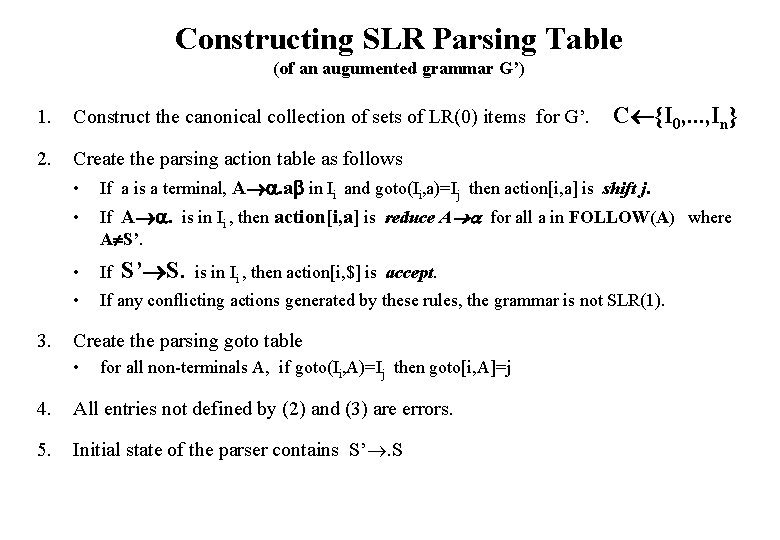 Constructing SLR Parsing Table (of an augumented grammar G’) C {I 0, . .