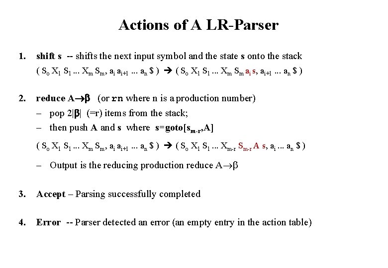 Actions of A LR-Parser 1. shift s -- shifts the next input symbol and