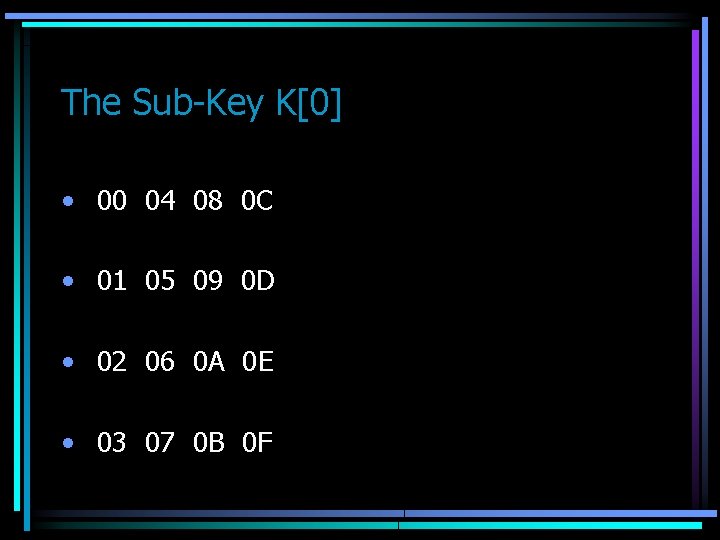 The Sub-Key K[0] • 00 04 08 0 C • 01 05 09 0