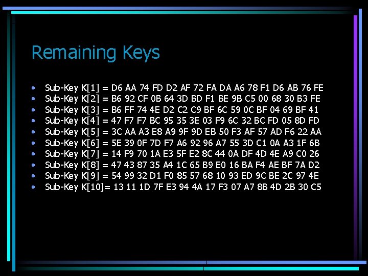 Remaining Keys • • • Sub-Key Sub-Key Sub-Key K[1] = D 6 AA 74