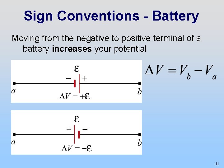 Sign Conventions - Battery Moving from the negative to positive terminal of a battery