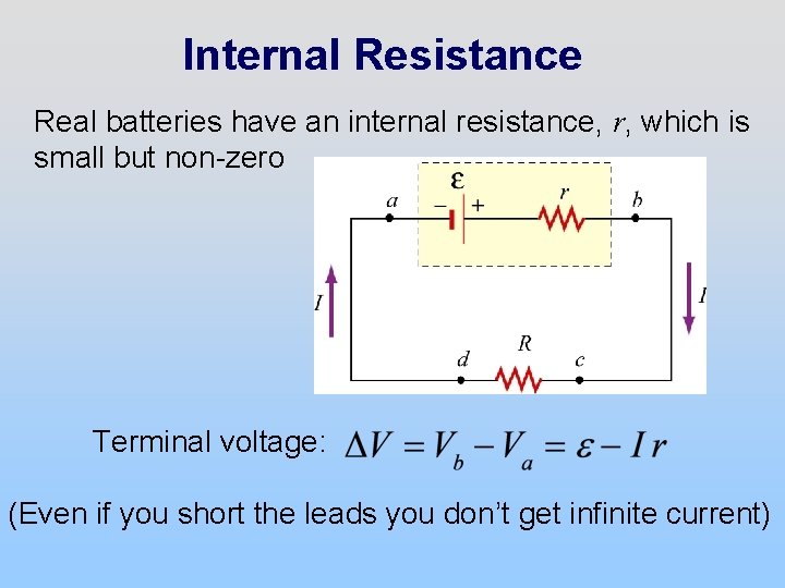 Internal Resistance Real batteries have an internal resistance, r, which is small but non-zero