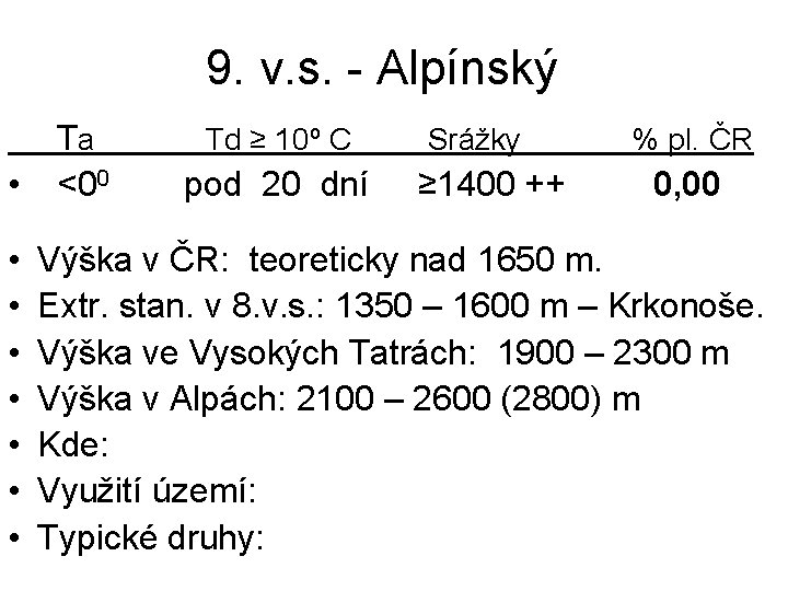 9. v. s. - Alpínský • • Ta <00 Td ≥ 10º C pod