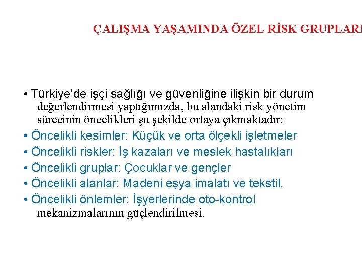 ÇALIŞMA YAŞAMINDA ÖZEL RİSK GRUPLARI • Türkiye’de işçi sağlığı ve güvenliğine ilişkin bir durum