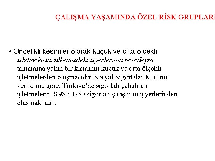 ÇALIŞMA YAŞAMINDA ÖZEL RİSK GRUPLARI • Öncelikli kesimler olarak küçük ve orta ölçekli işletmelerin,