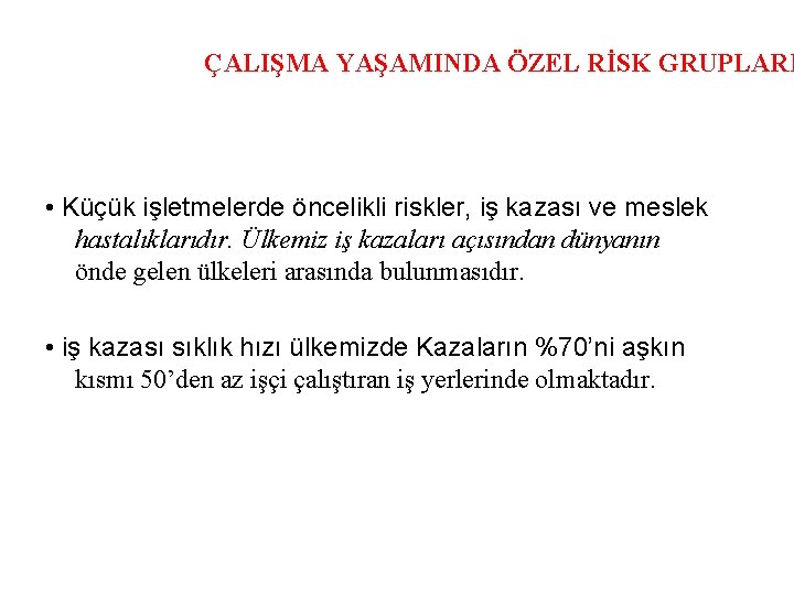 ÇALIŞMA YAŞAMINDA ÖZEL RİSK GRUPLARI • Küçük işletmelerde öncelikli riskler, iş kazası ve meslek