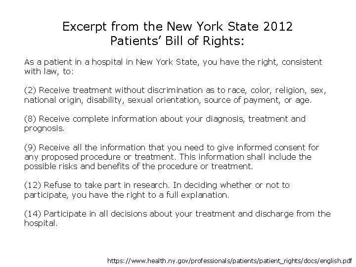 Excerpt from the New York State 2012 Patients’ Bill of Rights: As a patient