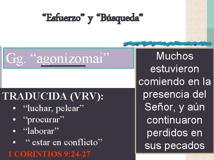 “Esfuerzo” y “Búsqueda” Gg. “agonízomai” TRADUCIDA (VRV): • • “luchar, pelear” “procurar” “laborar” “ “Esfuerzo” y “Búsqueda” Gg. “agonízomai” TRADUCIDA (VRV): • • “luchar, pelear” “procurar” “laborar” “