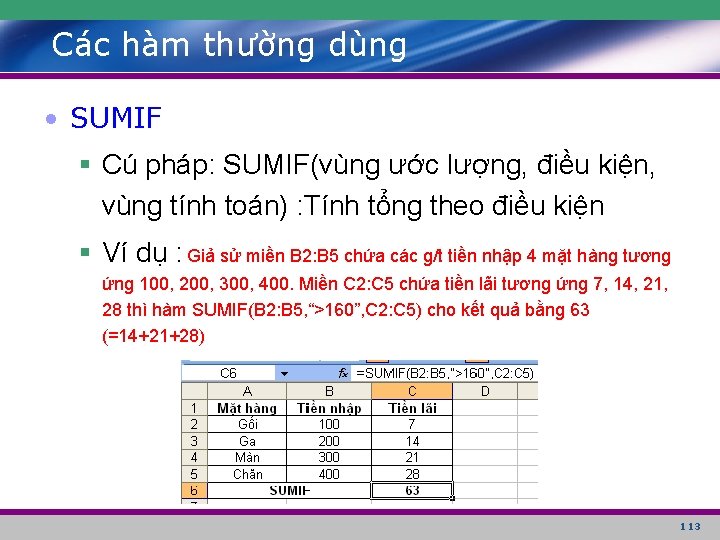 Các hàm thường dùng • SUMIF § Cú pháp: SUMIF(vùng ước lượng, điều kiện,