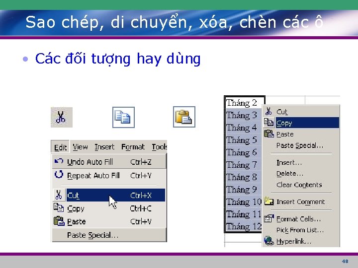 Sao chép, di chuyển, xóa, chèn các ô • Các đối tượng hay dùng