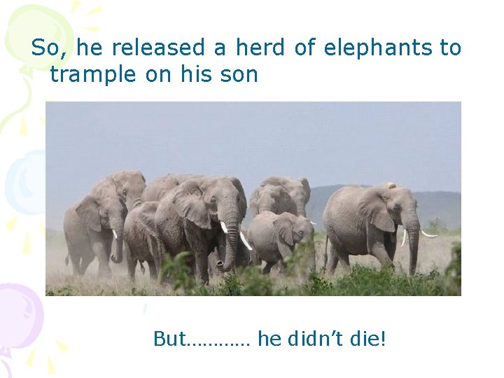 So, he released a herd of elephants to trample on his son But………… he So, he released a herd of elephants to trample on his son But………… he