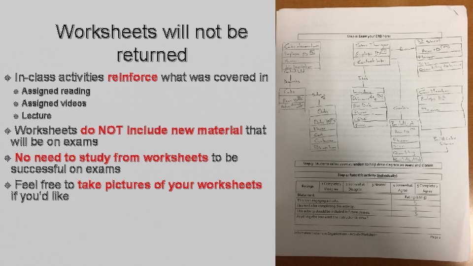 Worksheets will not be returned In-class activities reinforce what was covered in Assigned reading