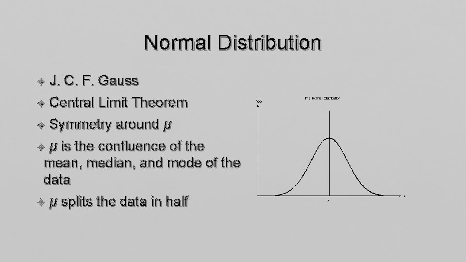 Normal Distribution J. C. F. Gauss Central Limit Theorem Symmetry around μ μ is