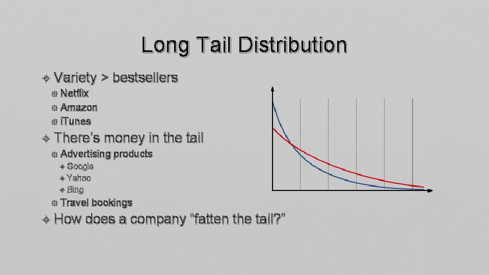 Long Tail Distribution Variety > bestsellers Netflix Amazon i. Tunes There’s money in the