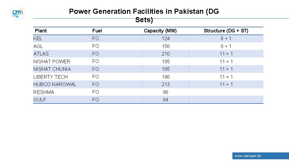 Power Generation Facilities in Pakistan (DG Sets) Plant Fuel Capacity (MW) Structure (DG +