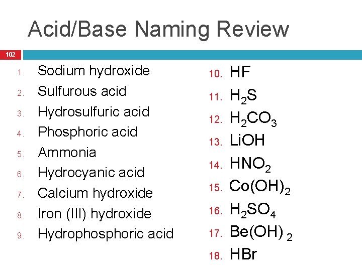 Acid/Base Naming Review 102 1. 2. 3. 4. 5. 6. 7. 8. 9. Sodium