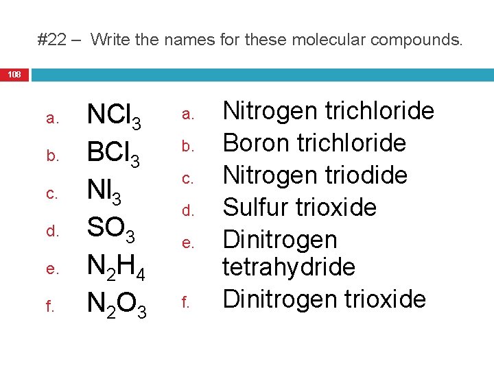 #22 – Write the names for these molecular compounds. 108 a. b. c. d.