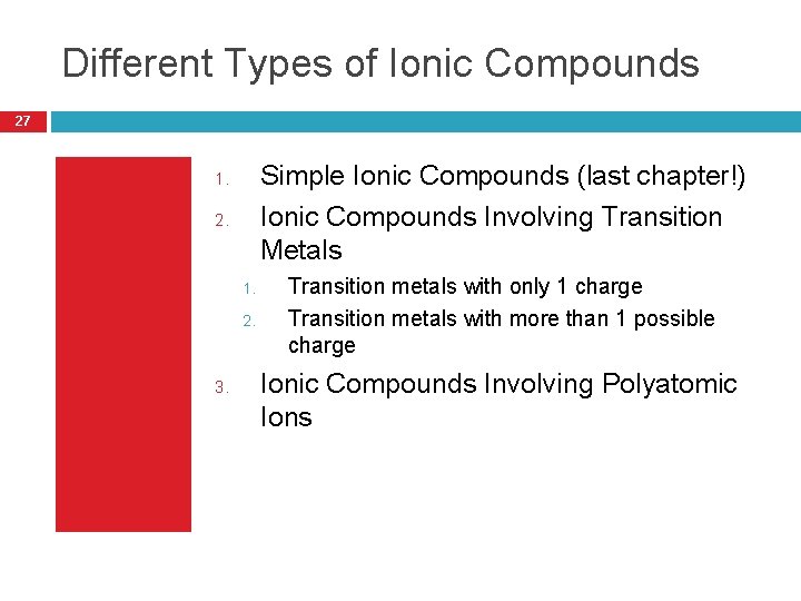 Different Types of Ionic Compounds 27 Simple Ionic Compounds (last chapter!) Ionic Compounds Involving
