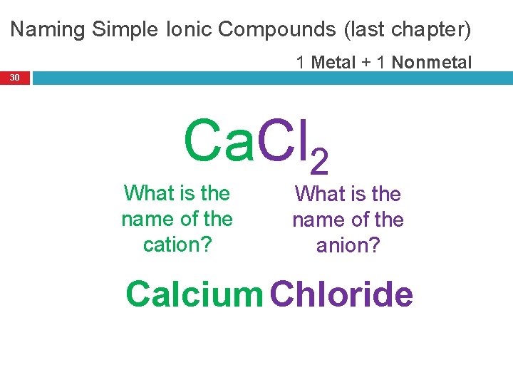 Naming Simple Ionic Compounds (last chapter) 1 Metal + 1 Nonmetal 30 Ca. Cl