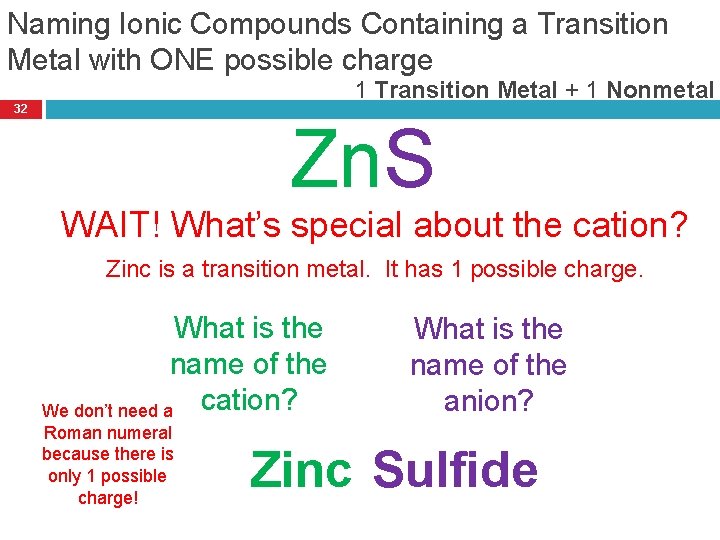 Naming Ionic Compounds Containing a Transition Metal with ONE possible charge 1 Transition Metal