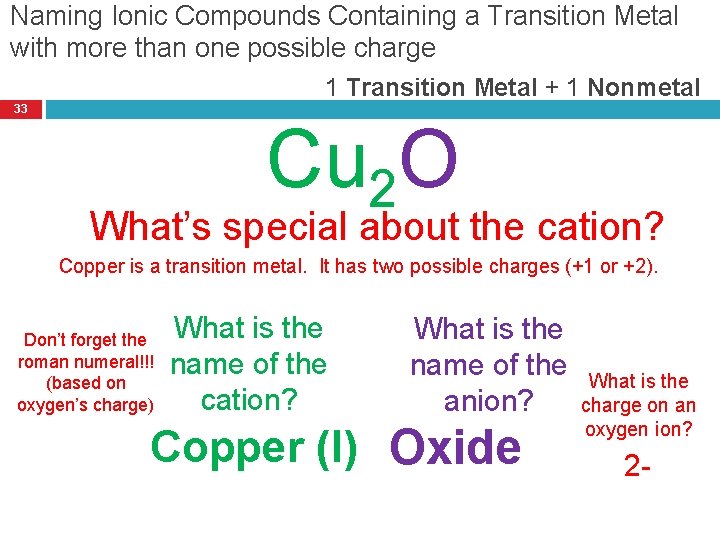 Naming Ionic Compounds Containing a Transition Metal with more than one possible charge 1