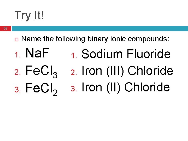 Try It! 35 Name the following binary ionic compounds: 1. 2. 3. Na. F