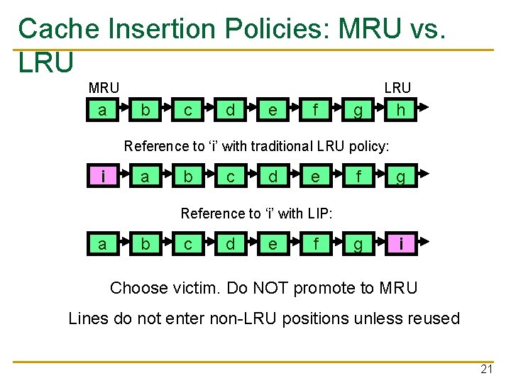 Cache Insertion Policies: MRU vs. LRU MRU a LRU b c d e f