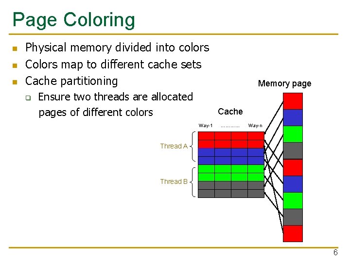 Page Coloring n n n Physical memory divided into colors Colors map to different