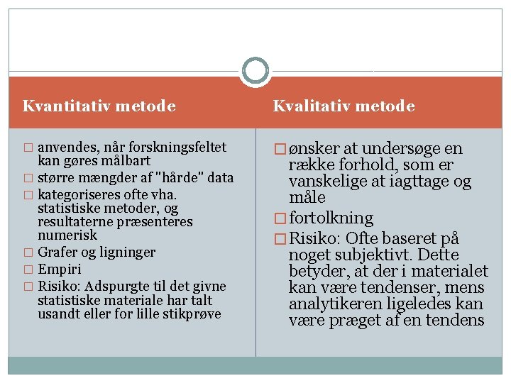  Kvantitativ metode Kvalitativ metode � anvendes, når forskningsfeltet � ønsker at undersøge en