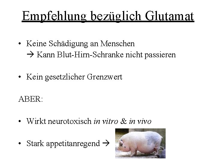 Empfehlung bezüglich Glutamat • Keine Schädigung an Menschen Kann Blut-Hirn-Schranke nicht passieren • Kein