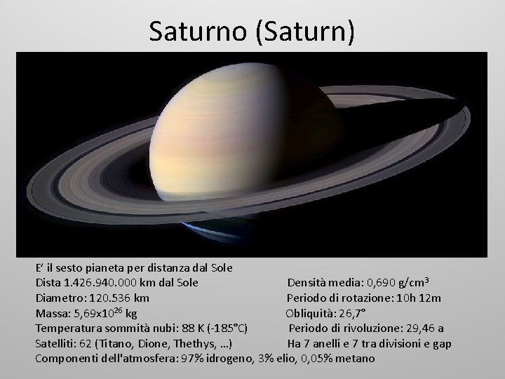 Saturno (Saturn) E’ il sesto pianeta per distanza dal Sole Dista 1. 426. 940.