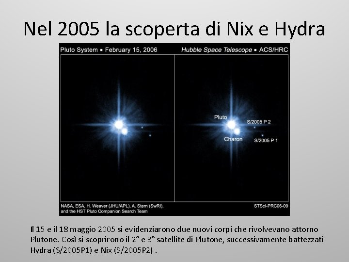Nel 2005 la scoperta di Nix e Hydra Il 15 e il 18 maggio