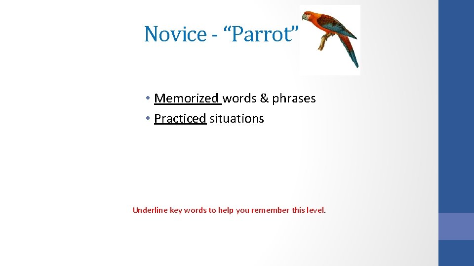 Novice - “Parrot” • Memorized words & phrases • Practiced situations Underline key words Novice - “Parrot” • Memorized words & phrases • Practiced situations Underline key words