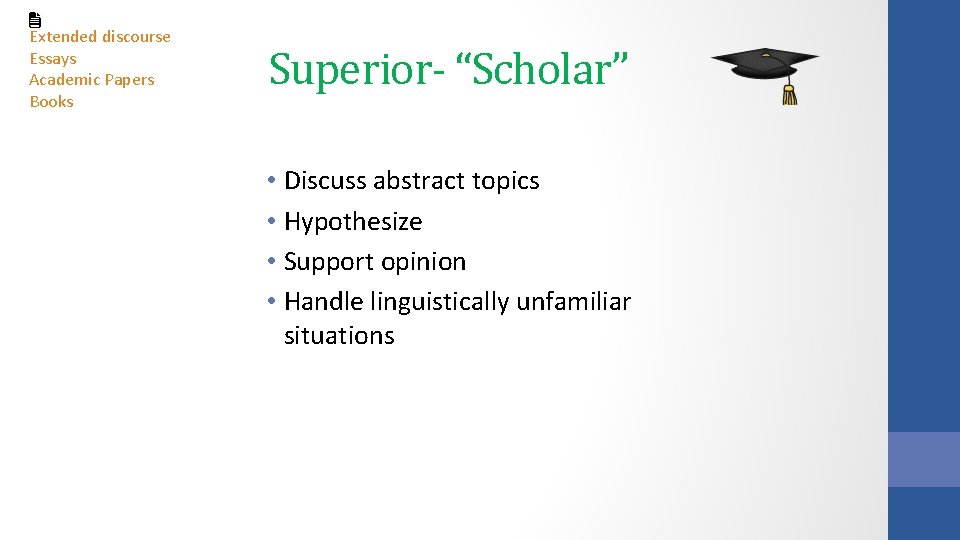 Extended discourse Essays Academic Papers Books Superior- “Scholar” • Discuss abstract topics • Hypothesize Extended discourse Essays Academic Papers Books Superior- “Scholar” • Discuss abstract topics • Hypothesize