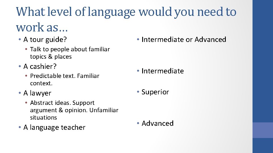 What level of language would you need to work as… • A tour guide? What level of language would you need to work as… • A tour guide?