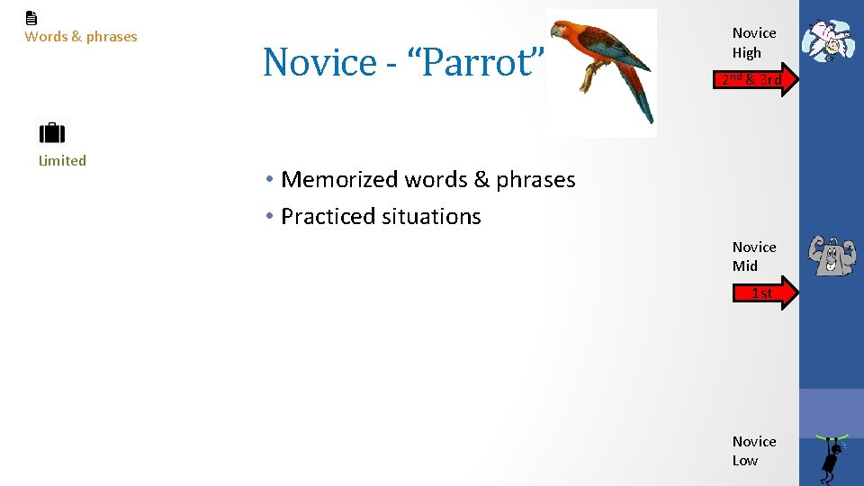 Words & phrases Limited Novice - “Parrot” Novice High 2 nd & 3 rd Words & phrases Limited Novice - “Parrot” Novice High 2 nd & 3 rd
